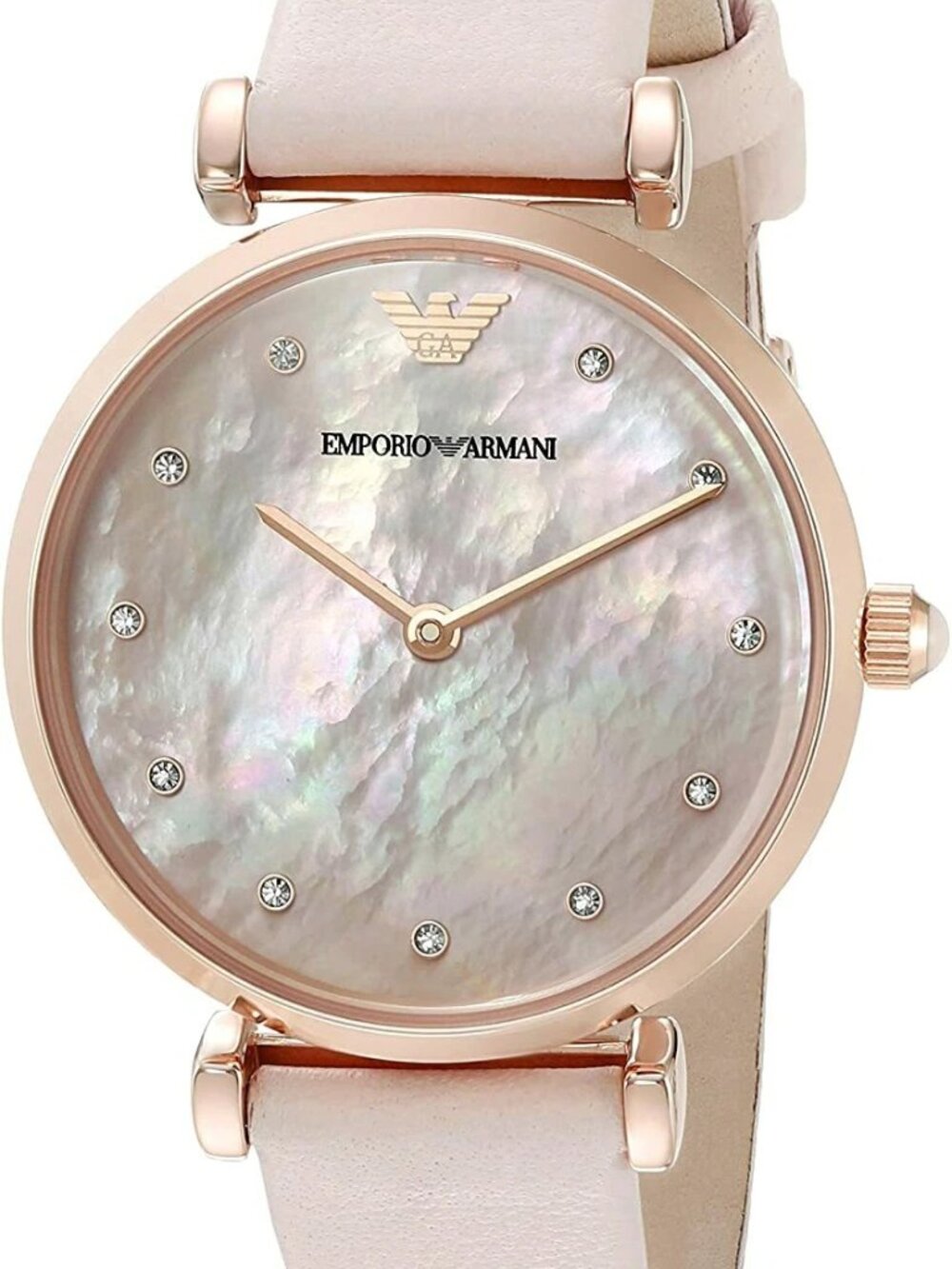 Emporio Armani AR1958 Retro Rose Gold Tone Pink MOP Dial Leather Womens Watch